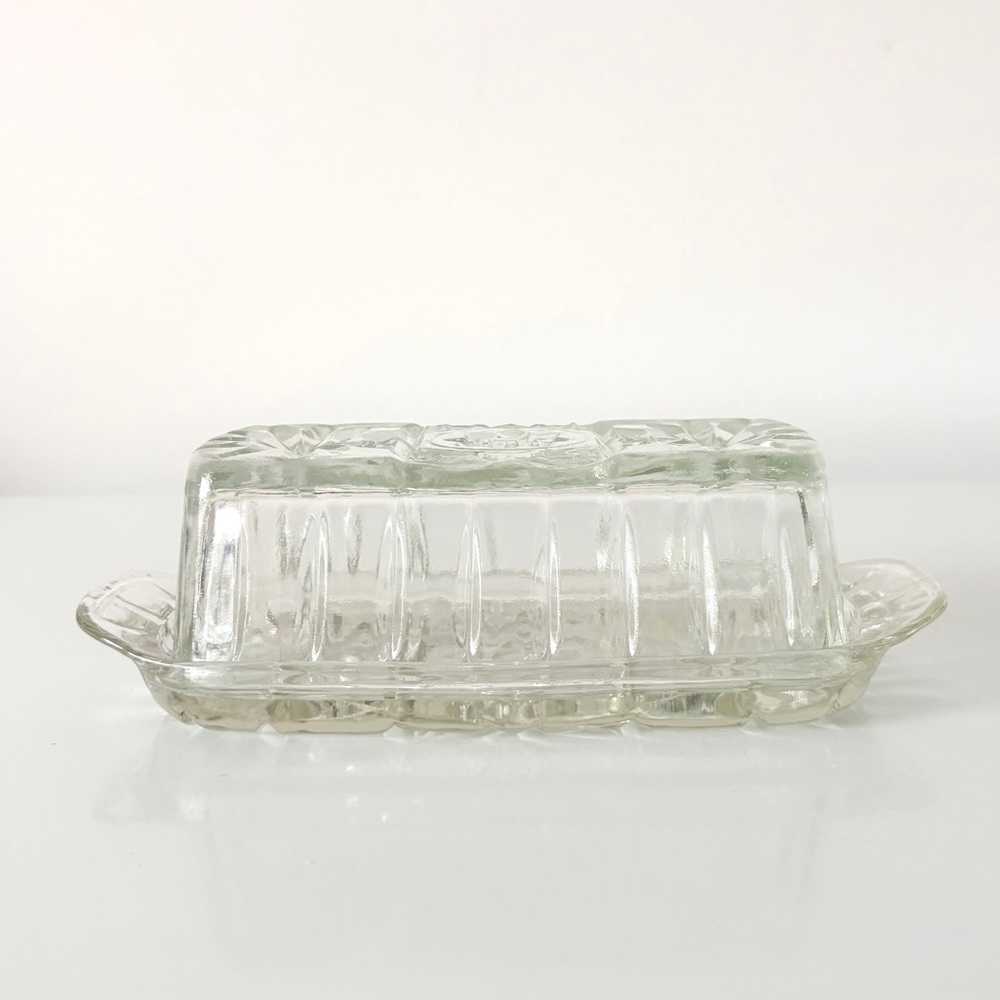 Anchor Hocking Pressed Glass Star of David EAPG Covered Butter Dish MCM Vintage